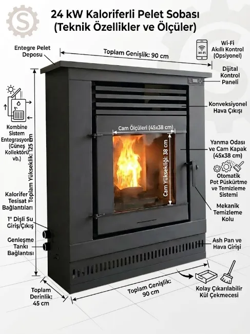 24 KW KALORIFERLI SOMINE HAZNELI PELET SOBASI SULU SISTEM