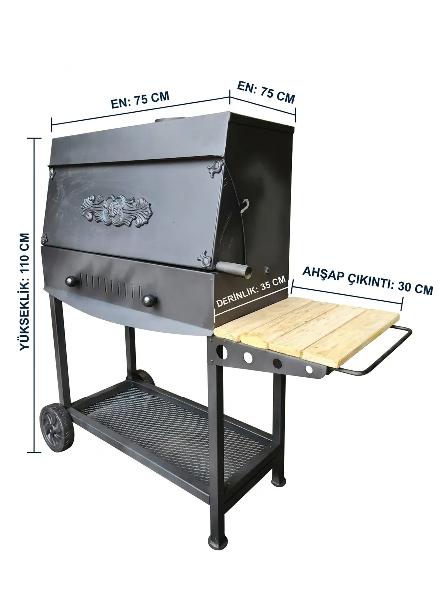 USTA GRILL 15MM KALIN SAC PROFESYONEL BAHCE MANGALI 75CM KAPAKLI BARBEKU TEKERLEKLI SEHPALI