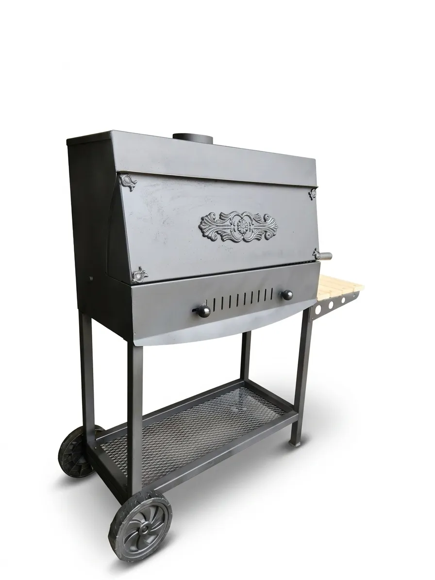 USTA GRILL 15MM KALIN SAC PROFESYONEL BAHCE MANGALI 75CM KAPAKLI BARBEKU TEKERLEKLI SEHPALI