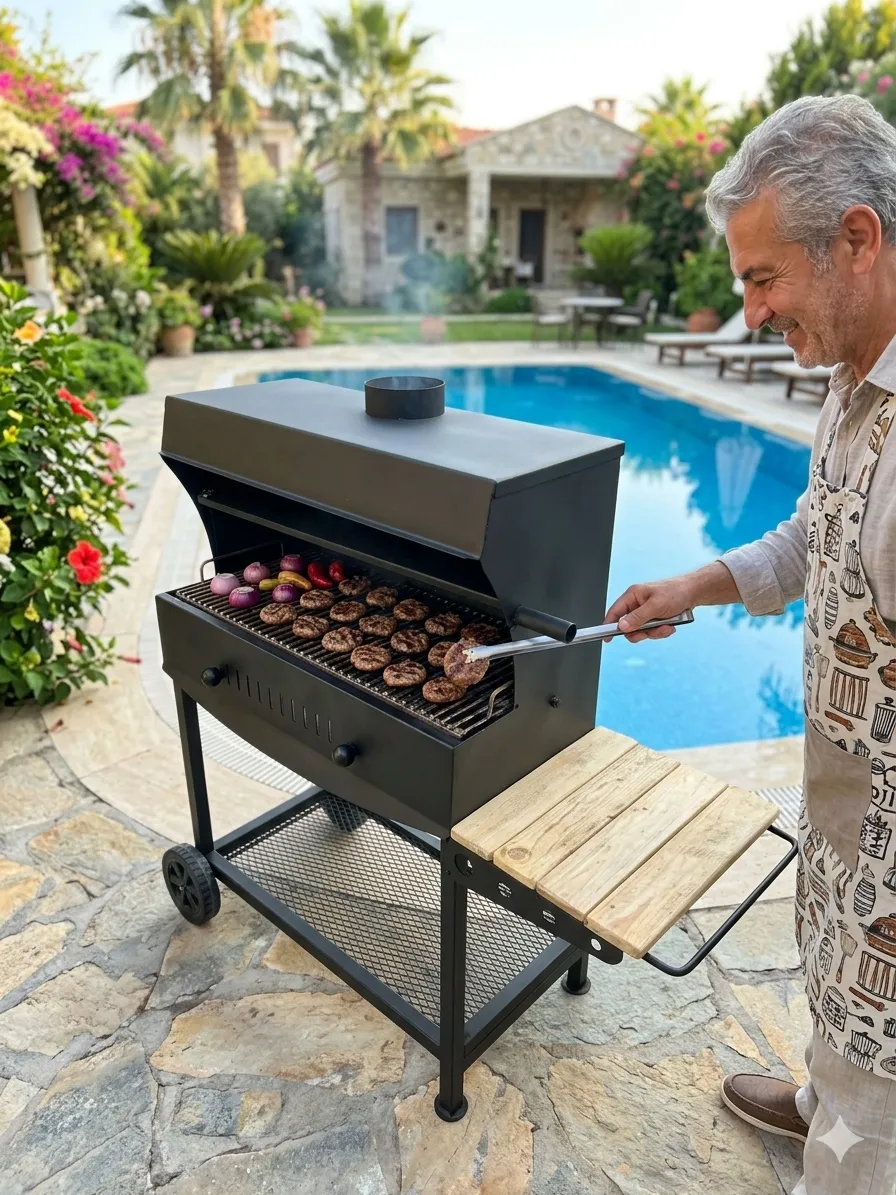 USTA GRILL 15MM KALIN SAC PROFESYONEL BAHCE MANGALI 75CM KAPAKLI BARBEKU TEKERLEKLI SEHPALI